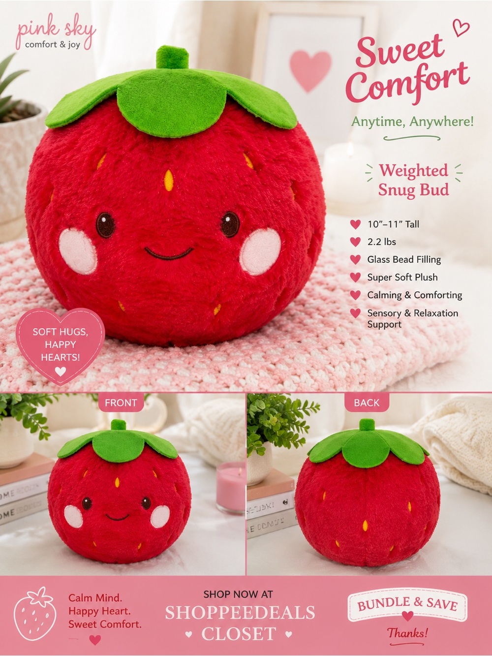 Pink Sky Weighted Strawberry Plush Snug Bud Sensory Plush – 10–11” – 2.2 lb